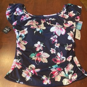 Swim Solutions Navy Floral Women Swim Top - Pink, White, Teal Accents